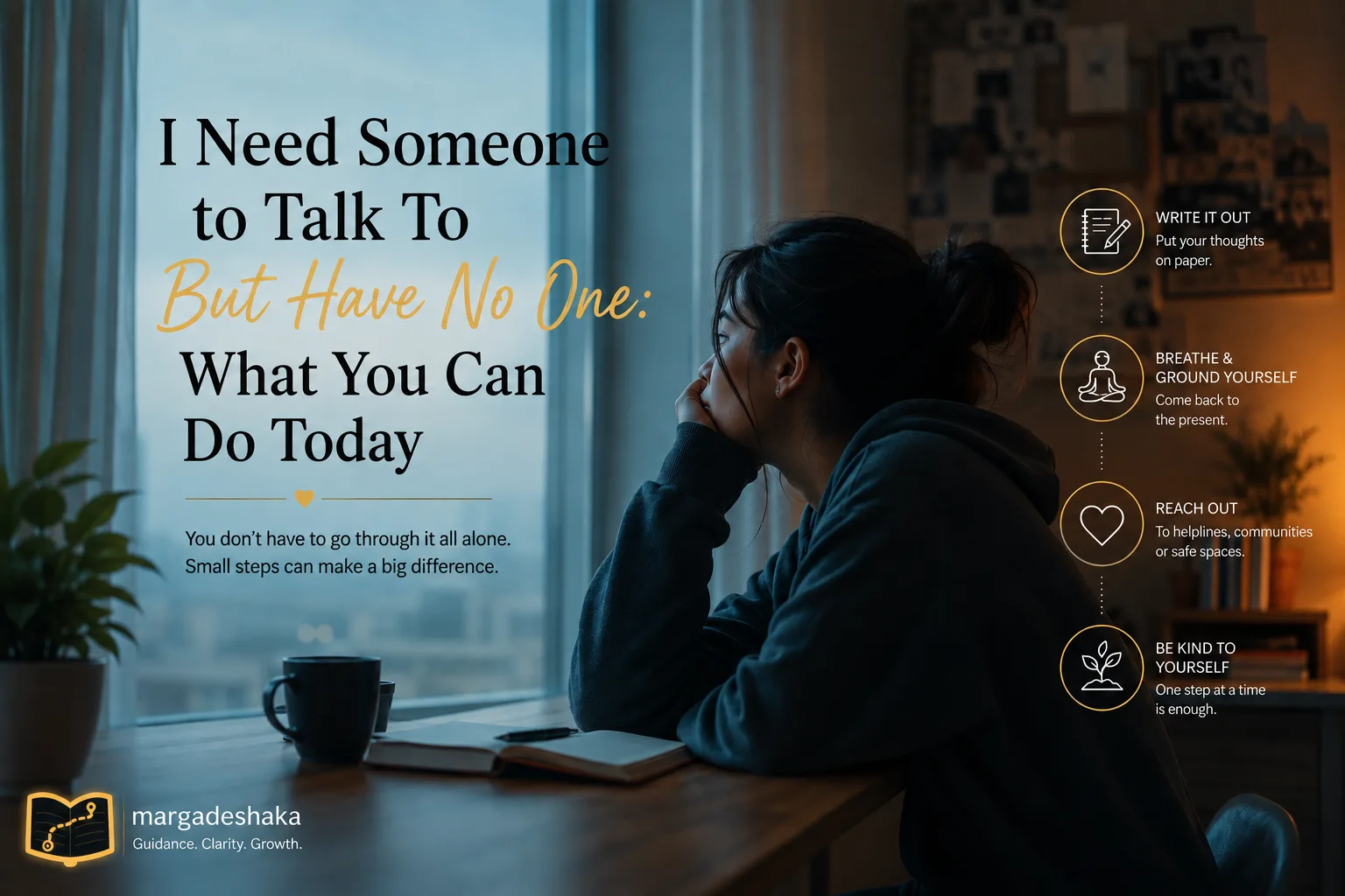A person sits at a desk by a window at dusk, chin resting on one hand, a mug and an open journal in front of them, alongside four gentle reminders: write it out, breathe and ground yourself, reach out, and be kind to yourself.